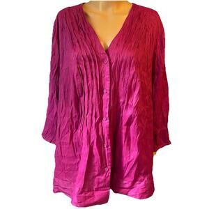 New Deane & White Linen Rayon Women Plus 2X Button Shirt Fuchsia Beach Lagenlook